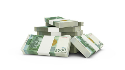 3D Stack of 5000 Kyrgyzstani som notes isolated on white background