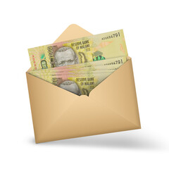 Malawian kwacha notes inside an open brown envelope. 3D illustration of money in an open envelope