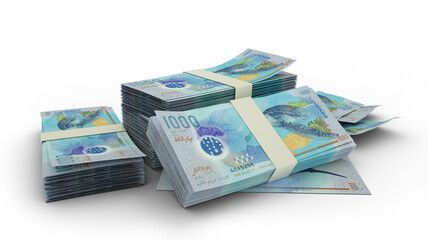 Obraz na płótnie Canvas 3d rendering of Stack of 1000 Maldivian rufiyaa notes. bundles of Maldivian currency notes isolated on white background