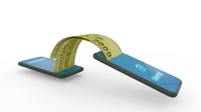 3D rendering of Malawian kwacha notes transferring from one phone to another. mobile money transaction concept
