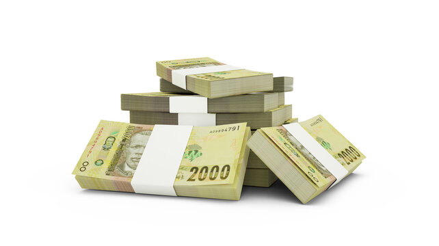 3d rendering of Stack of Malawian kwacha notes. bundles of Malawian currency notes isolated on white background