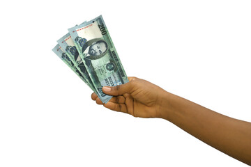 Fair hand holding 3D rendered Mozambican metical notes isolated on white background