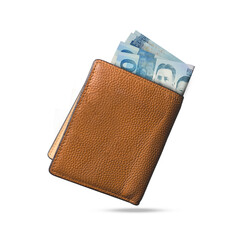 3D rendering of 1000 Philippines peso notes popping out of a brown leather men’s wallet