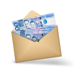 1000 Philippines peso notes inside an open brown envelope. 3D illustration of money in an open envelope