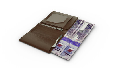 3D rendering of Qatar Riyal notes in wallet