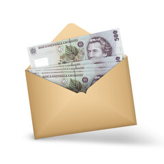 Romanian leu notes inside an open brown envelope. 3D illustration of money in an open envelope
