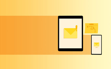 This flat illustration shows two devices communicating with each other by sending messages, and there's also a sticky note to show the destination of one of the devices.