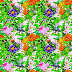 Fototapeta na wymiar Luxury floral seamless pattern for creating textiles, wallpaper, paper. Print nature themes background. Seamless background with garden flowers, bird and. Vintage. Vector Illustration. free download