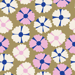 Golden khaki with white, pink florals and blue-pink centres seamless pattern background design.