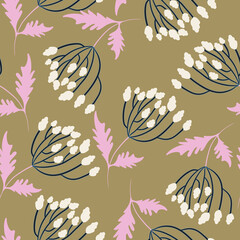 Golden khaki with long black stems and pointed white flowers with pink leaves seamless pattern background design.