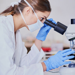 Searching for microscopic clues. Shot of a scientist using a microscope while sitting in a...