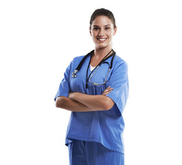 Her expertise is just what the doctor ordered. Studio portrait of a beautiful young doctor standing with her arms crossed against a white background.