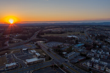 Aerial view of Urbana, Frederick County, Maryland at sunset.