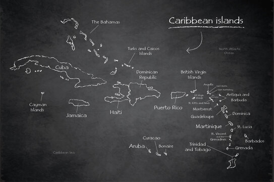 Caribbean islands with names, design card blackboard chalkboard vector
