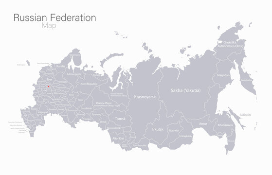 Russia map, regions and capital city with names, gray on a white background vector