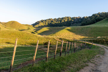 Fototapeta na wymiar View across green hills and farm track