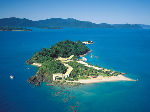 Aerial view of Daydream island  in the Whitsunday group of the Great Barrier reef, Queensland, Australia..