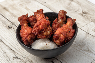 Fried chicken, steamed rice, Asian street food, on background