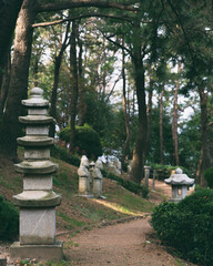 The statue of the Janggun statue and Shakya pagoda among the lush trees