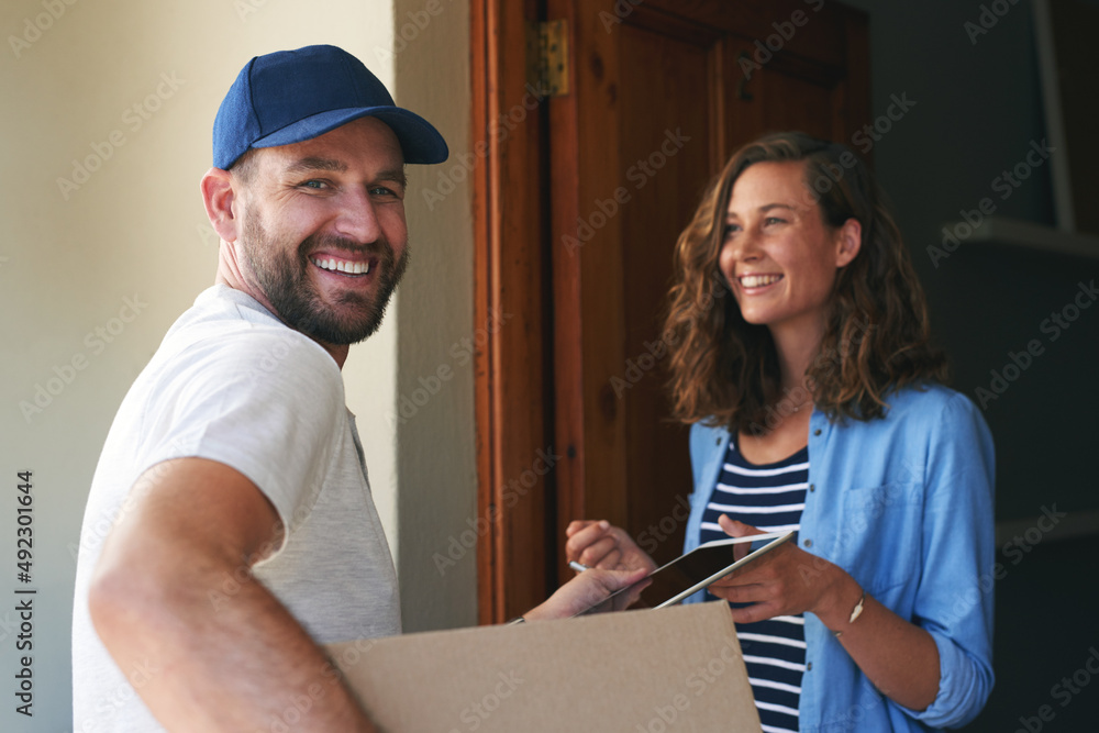 Poster another delivery handed over to a satisfied customer. portrait of a courier making a delivery to a c