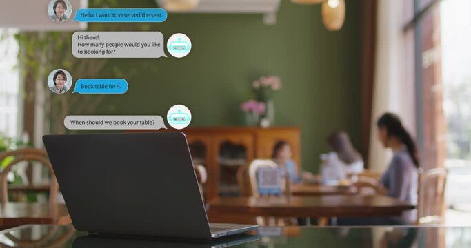 Seamless smart order food or auto reserve seat on social media app platform ask talk or text advice robot meal dining booking retail on laptop. AI chat bot help people for small SME asia B2C CRM IOT.