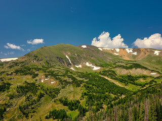 Fir and pine tree covered valley and mountain peaks in the Rocky Mountains of Colorado