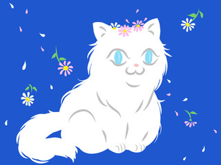かわいい長毛の白猫と花