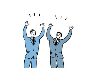 万歳をするスーツを着た二人の男性、カラー（横、中央寄せ配置）