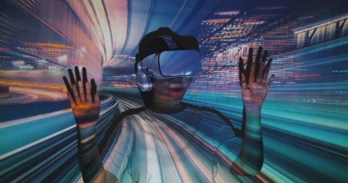 Point of view cyber tour game asia people enjoy hobby wear VR goggle IOT at home screen show smart urban modern city night high speed train way on woman face. Light trail rush hour blurred motion.
