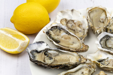 oyster platter covered with lemon on a white background