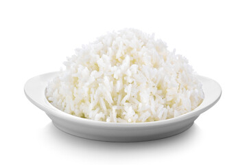 rice in white plate isolated on white background