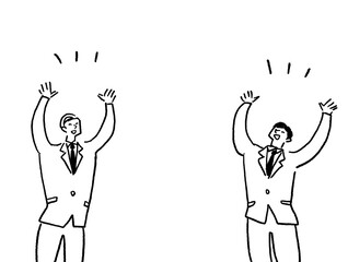 万歳をするスーツを着た二人の男性、線画（横、両端配置）

