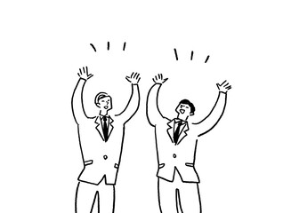 万歳をするスーツを着た二人の男性、線画（横、中央配置）
