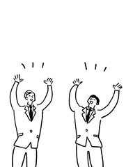 万歳をするスーツを着た二人の男性、線画（縦、サイズ大、中央配置）