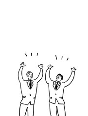 万歳をするスーツを着た二人の男性、線画（縦、中央配置）