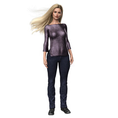 Contemporary Woman in Jeans with Long Blonde Hair on Isolated White Background, 3D Rendering, 3D illustration