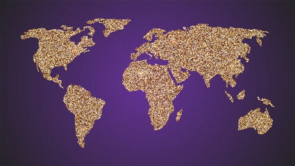 Map of World. Silhouette of continents. Glittering golden dust.