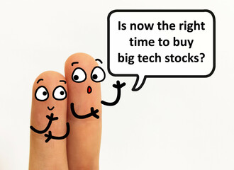 Two fingers are decorated as two person. They are discussing if it is the right time to buy big tech stocks.