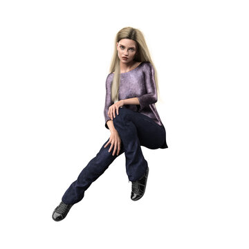 Contemporary Woman in Jeans with Long Blonde Hair on Isolated White Background, 3D Rendering, 3D illustration