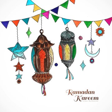 Beautiful decorative Islamic ramadan kareem festival greeting with lamp and moon background