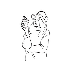 woman with smile holding glass of ice cream illustration vector hand drawn isolated on white background line art.