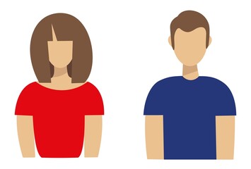 Two icons - a man and a woman. A girl in a red t-shirt, a guy in blue. Avatar in a minimalist style. Flat vector illustration isolated on transparent background. Target audience symbols.