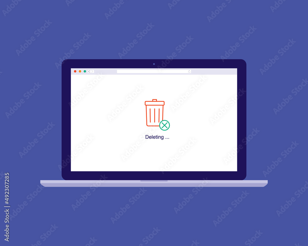 Poster laptop with trash bin icon. trash can. deleting data.