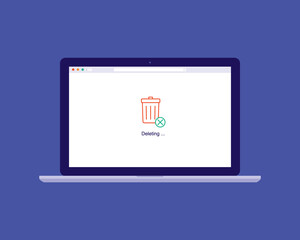Laptop With Trash Bin Icon. Trash Can. Deleting Data. © simplehappyart