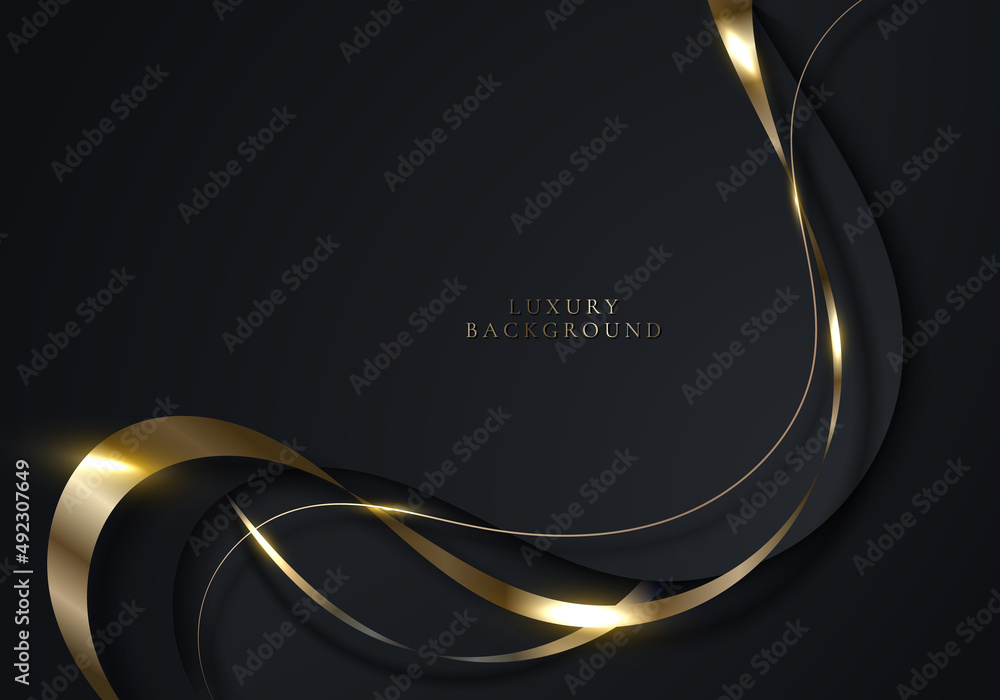 Poster elegant 3d abstract background black curved shape with golden ribbon line on dark background