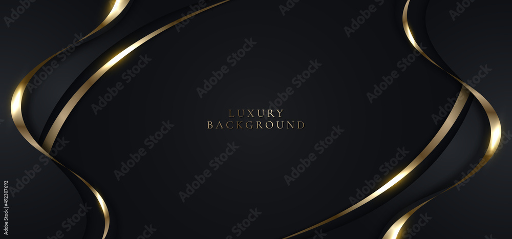 Poster elegant 3d abstract background black curved shape with shiny golden ribbon line lighting sparking
