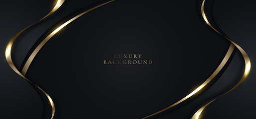 Elegant 3D abstract background black curved shape with shiny golden ribbon line lighting sparking