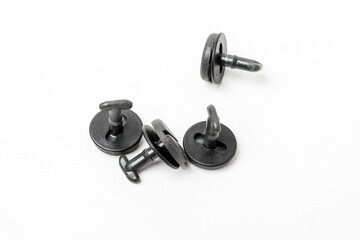 Plakat Black plastic clips for attaching car trim parts. Catalog of spare parts for vehicles.