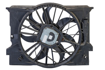 Car cooling fan with plastic blades radiator fan on white background. Car thermal clutch. Radiator fan cooling on white background