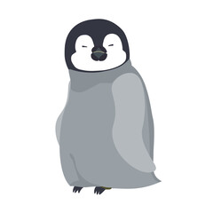 A baby emperor penguin with a sleepy face.